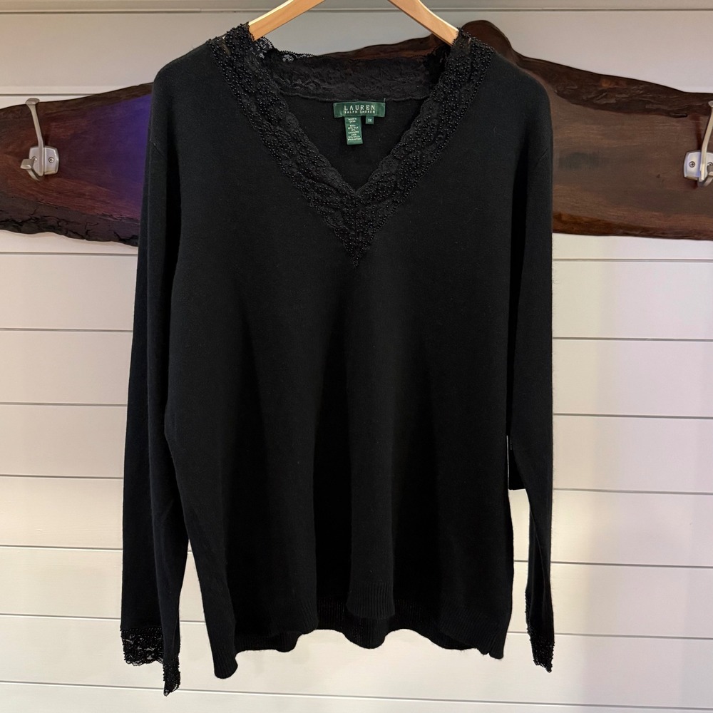 NWT Lauren Ralph Lauren 3X Black Silk Cashmere Beaded Lace V Neck Sweater